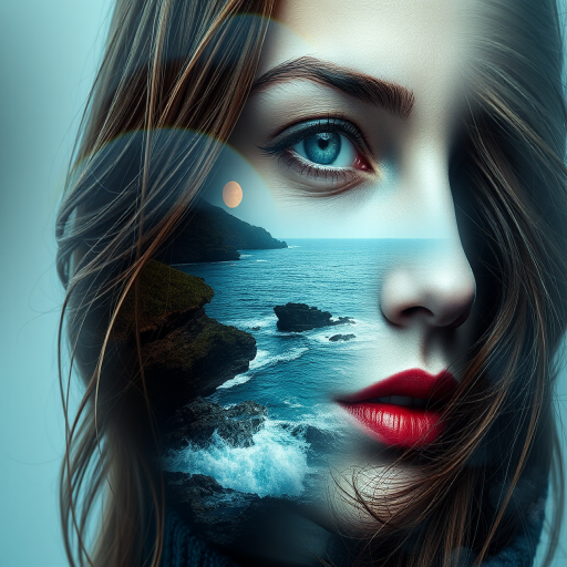 imagine Book cover, A surreal double exposure portrait that blends a woman's face with a beautiful seascape. The overall mood is dreamy and mystical, with rich colors and intricate details