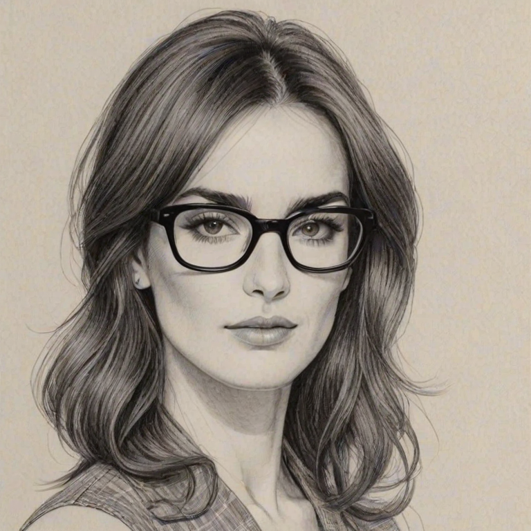 Ravishing Paz Vega, pencil sketch, portrait of Captivating woman 1966s in glasses, hair style beatnik, outline, clear lines, fine lines, 8k