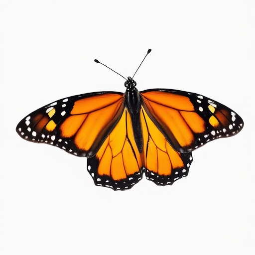 Generate a high-resolution image of a monarch butterfly, using a macro lens, aperture set to f/2.8, ISO 100, natural lighting, with a focus on vibrant colors and fine details, full body view against a plain background.