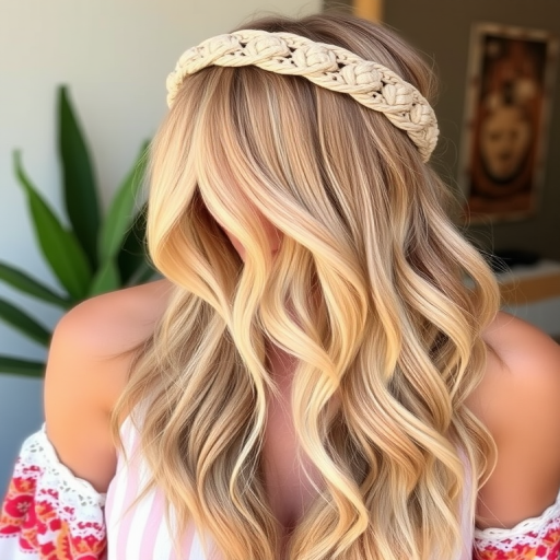 Bohemian-inspired long layers in warm honey blonde, styled with loose beachy waves and adorned with a macramé headband, perfect for free-spirited souls