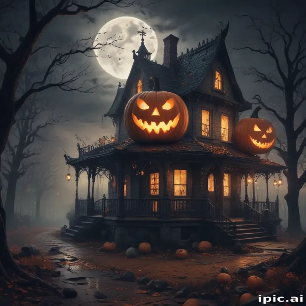 Haunted House with Giant Pumpkins Under a Full Moon on Halloween Night