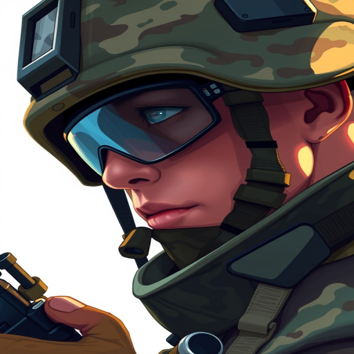 Create a sharp, high-resolution digital illustration of a soldier in camouflage with a radio, using a DSLR camera with a 50mm lens, f/1.8 aperture, ISO 200, and a shallow depth of field for focus on the subject while blurring the background, in a vibrant color palette to enhance details.
