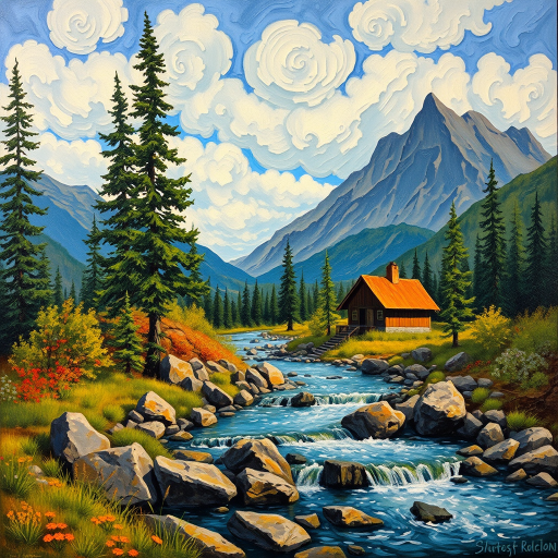 This Van Gogh-inspired painting depicts a peaceful scene of a small cabin located near a flowing river. The scene is surrounded by lush vegetation, including tall trees and rocky terrain. In the background, majestic mountains rise under a sky filled with rolling clouds. The river gently cascades over the rocks, adding a sense of movement and tranquility to the scene. The use of vibrant colors and detailed brushstrokes create a sense of depth and harmony in the natural setting.