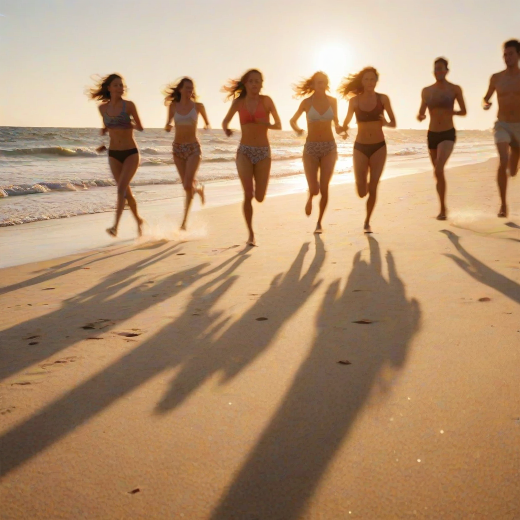 Blurry action shot of a group of friends racing down a sandy beach, soft focus on the waves crashing in the background, golden light from the setting sun casting long shadows.