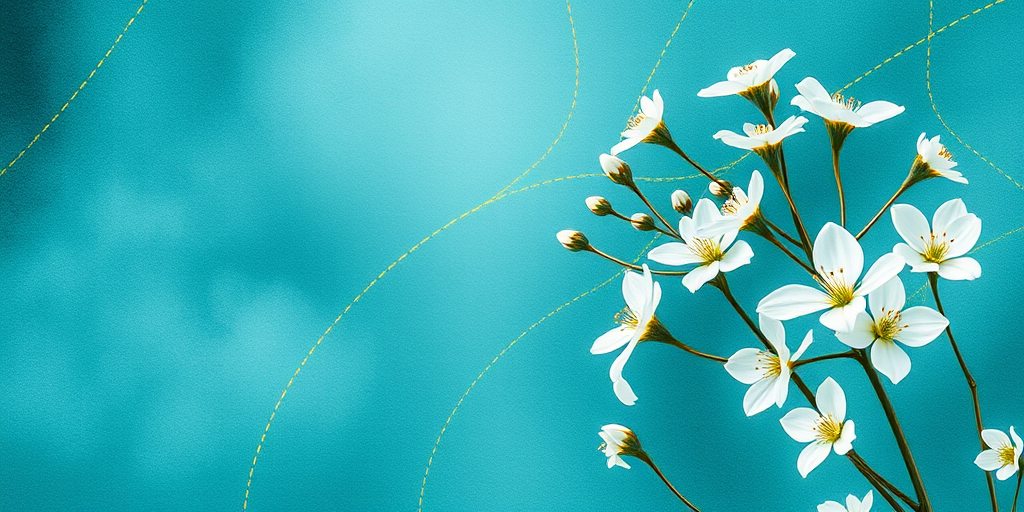 Create a high-resolution abstract watercolor image featuring a deep teal background with golden lines and delicate white flowers, using a Canon EOS 5D Mark IV camera, ISO 100, f/4 aperture, 50mm lens, and natural lighting for an artistic and elegant composition.