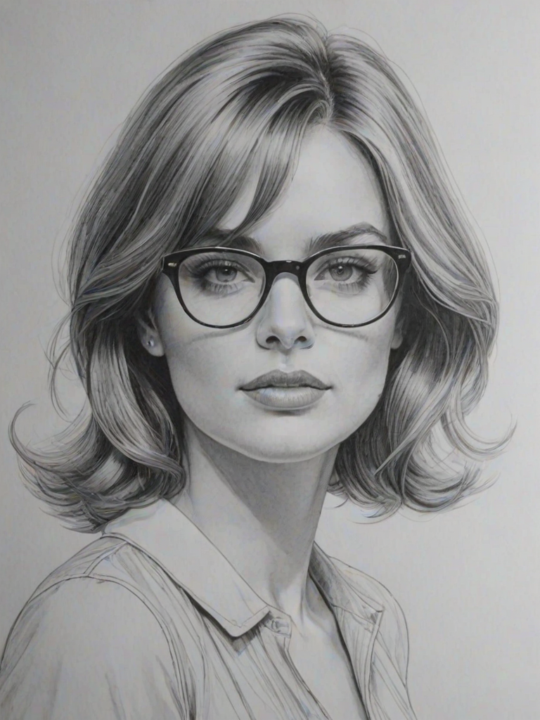 Superb Eden Brolin, pencil sketch, portrait of Stunning woman 1965s in glasses, hair style beatnik, outline, clear lines, fine lines, 8k
