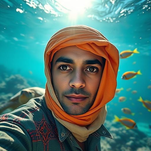 Realistic selfie image of a Sahrawi, wearing a vintage outfit, detailed dreamy eyes, droopy hooded eyes, staring at the camera, taken underwater at coral reef with a sunbeam filtering through the water, vibrant, summer vacation, natural lighting, turtle and school of tropical fish with vibrant colors, rendered in the style of CryEngine, Pegi Nicol MacLeod, with realistic genre scenes, hauntingly beautiful narratives, ultra-realism, and Thomas Saliot's close-up technique, 8K resolution, crystal clear and sparkling water.
