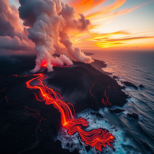 Create a high-resolution image of a volcanic eruption at sunset, capturing flowing lava streams entering the ocean, with dramatic smoke clouds and vibrant red and orange colors, using a DSLR camera with a 24mm lens, f/8 aperture, ISO 200, and a 1/250 shutter speed, taken from an aerial perspective for a breathtaking view.
