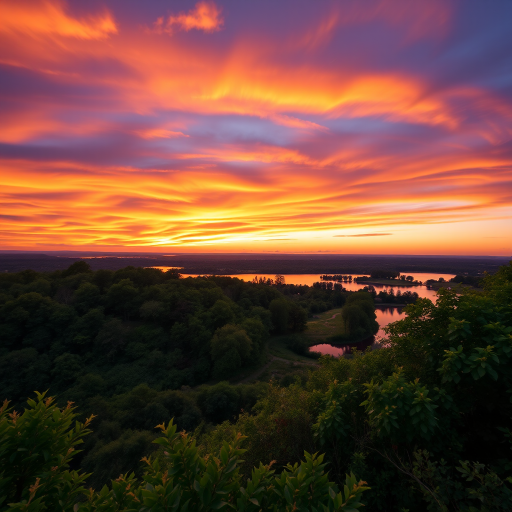 Generate a high-resolution image of a serene landscape at sunset, capturing vibrant orange and purple hues in the sky, lush greenery in the foreground, with a calm lake reflecting the colors, shot with a DSLR camera at f/8 for depth of field, ISO 100, 1/200s shutter speed, in landscape orientation.