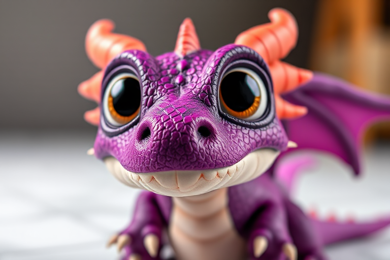 Generate a cute dragon character with large expressive eyes and vibrant purple scales, using a Canon EOS R5 camera with a 50mm f/1.2 lens at aperture f/2.8, in bright studio lighting, shot from a low angle to highlight its features, with a focus on detailed textures and a soft blurred background for emphasis.