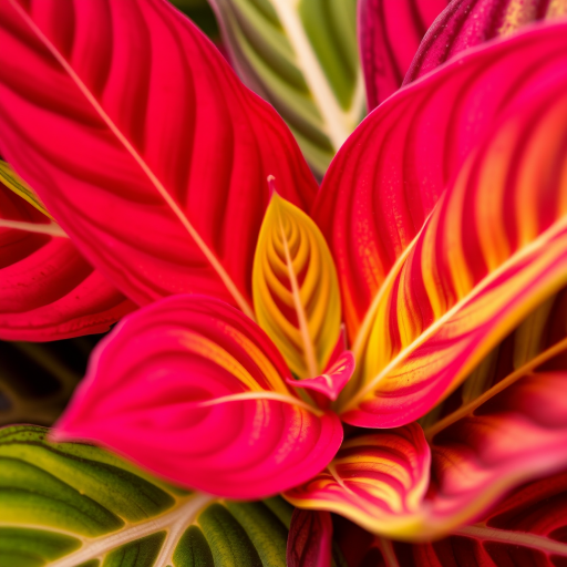 close-up shot of colorful croton plant leaves, macro lens, f/2.8 aperture, ISO 100, natural lighting, 50mm lens, DSLR camera, vibrant colors and sharp texture