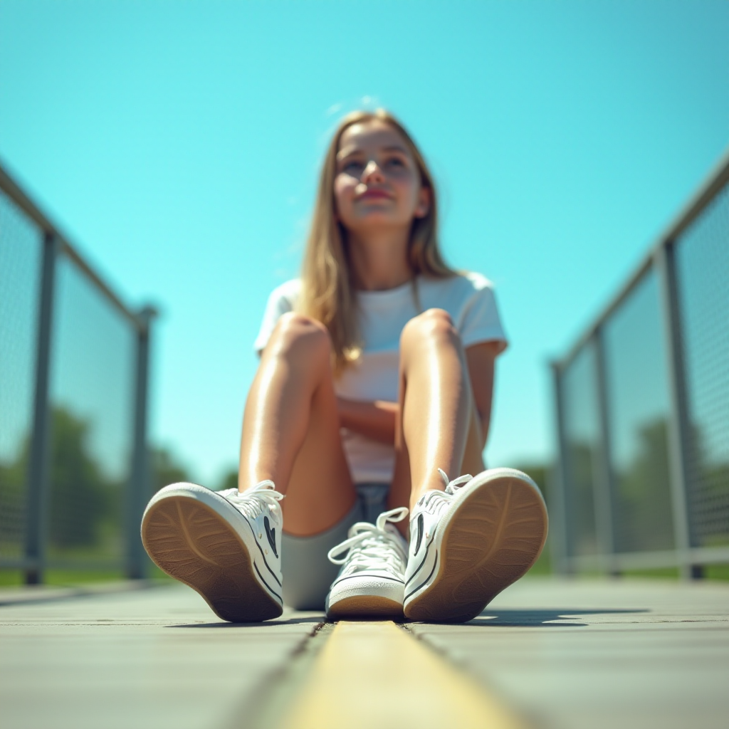 Generate an ultra-realistic, highly detailed, high-definition photograph. It's a photo of a girl sitting on the floor. She's looking at the horizon. The photo is taken from the bottom up, at ground level. The girl's sneakers are in the foreground, in the center of the scene. The girl is wearing light clothes, a t-shirt and short shorts. The sky is blue. Bright environment. The background is a blurred image of a park.