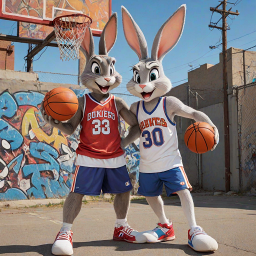 Design an Above the Rim poster featuring Bugs Bunny as Kyle and Lola Bunny as Shep. Bugs is dressed in a basketball jersey and shorts, holding a basketball with a confident expression, while Lola stands beside him in athletic gear, looking determined. The background features an urban basketball court with a wire fence, streetlights, and graffiti. The title "Above the Rim" appears in bold red letters at the top, keeping the original street basketball vibe