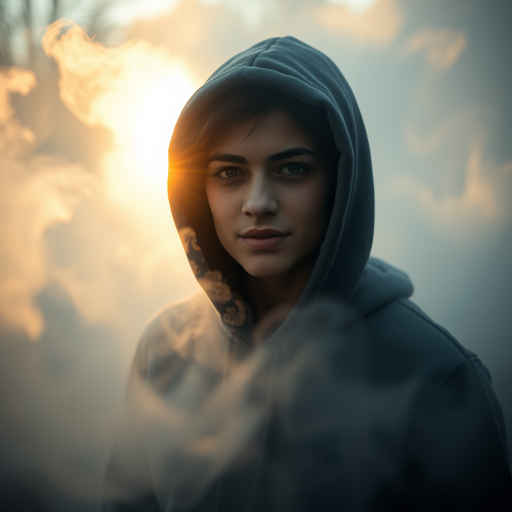 Create an ethereal portrait of a person in a hoodie surrounded by swirling mist and fog, capturing sunlight filtering through, using a Canon EOS R5 with a 50mm f/1.2 lens at ISO 100, shutter speed 1/200s, aperture f/1.2, in soft focus with a cinematic style.