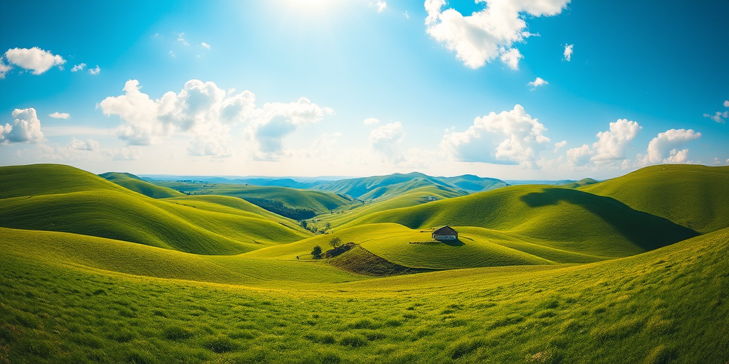 Create a vibrant landscape of rolling green hills under a bright blue sky with fluffy clouds, featuring a small house nestled among the hills, captured with a DSLR camera at f/8 aperture, ISO 100, 24mm lens, and a panoramic view for enhanced depth and clarity.