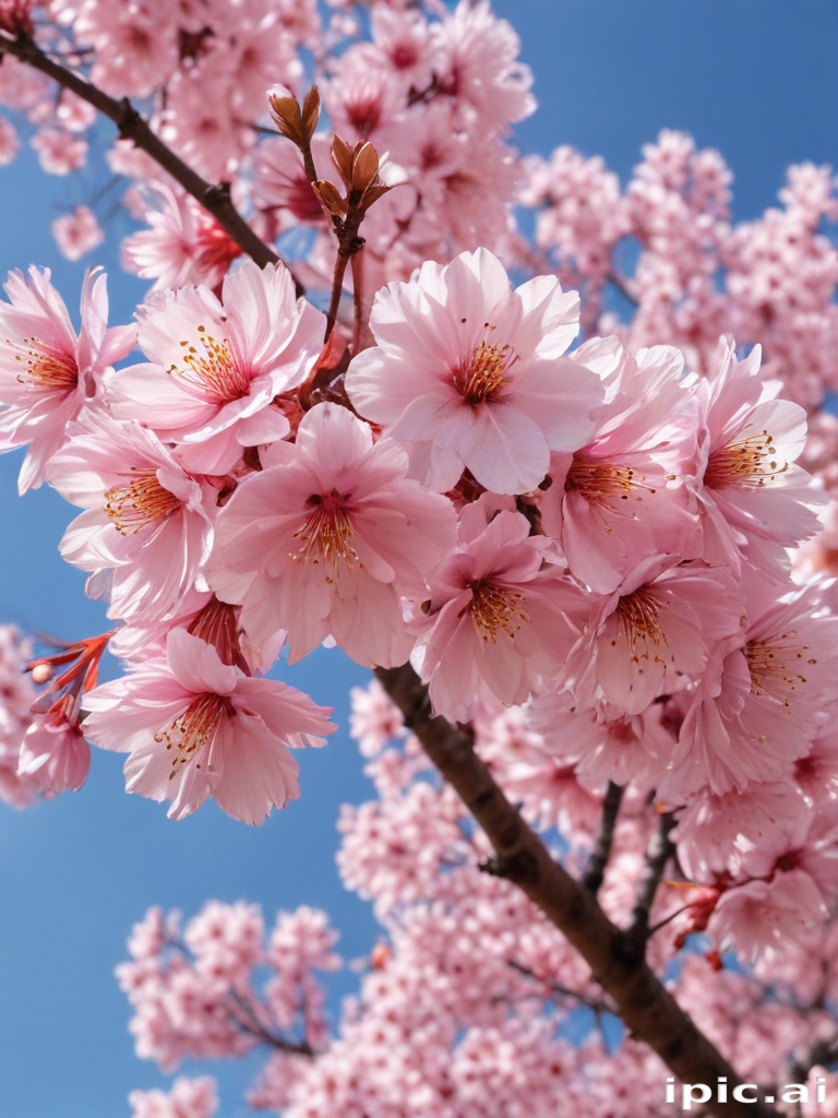 Vibrant Pink Cherry Blossom Flowers Against a Clear Blue Sky