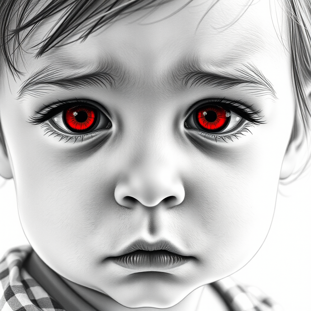 A hyperdetailed photorealistic black and white sketch of a beautiful toddler with deep red eyes, with a macro focus