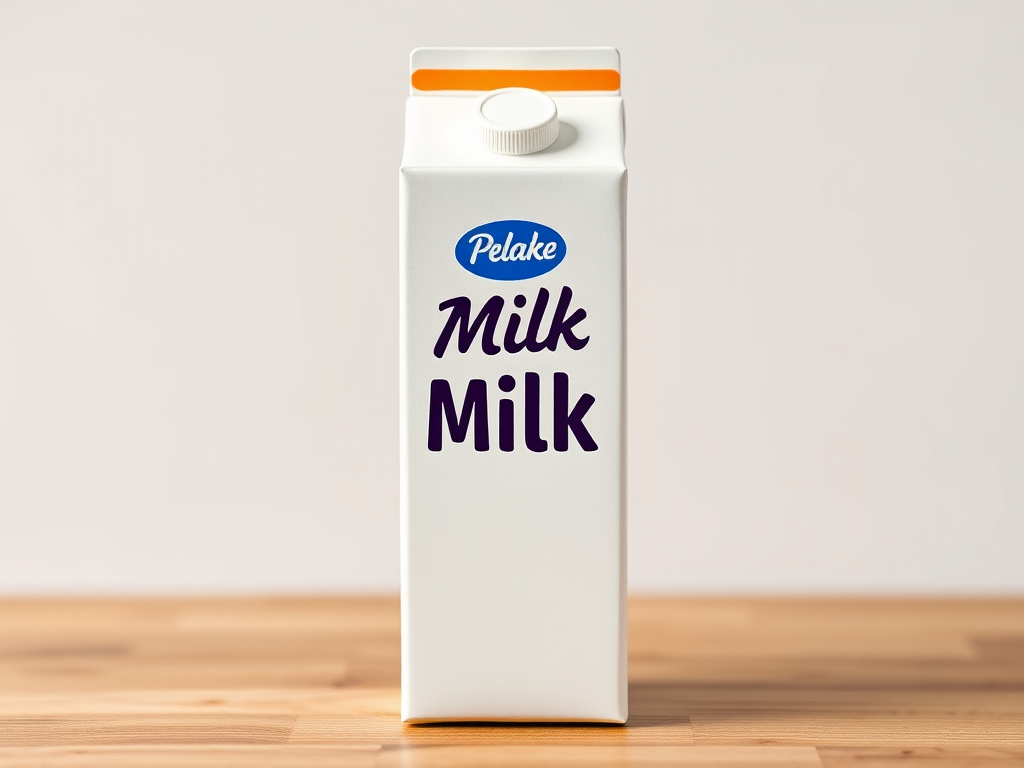 Create a high-resolution image of a carton of milk with a modern design, showing the front view clearly; use a DSLR camera with an aperture of f/8, ISO 100, shutter speed of 1/125s, and a 50mm lens for sharp details and vibrant colors.