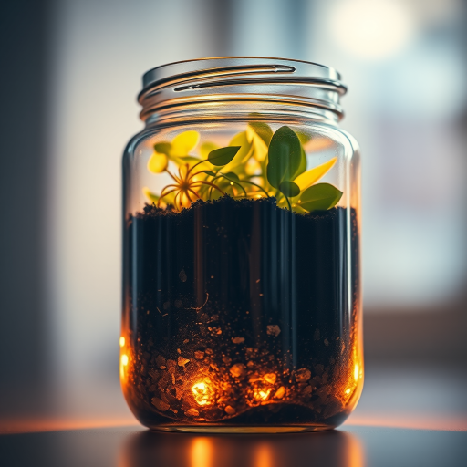 a detailed close-up of a glass jar containing vibrant plants and soil, illuminated from below with warm, glowing light, shallow depth of field, f/2.8 aperture, 50mm lens, ISO 100, soft diffused lighting from the side, captured with a DSLR camera in a well-lit indoor setting