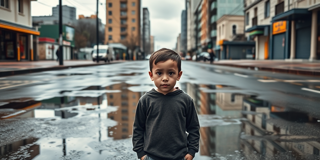 photograph of a boy standing in a desolate urban street with a reflection in puddles, overcast sky, 50mm lens, f/1.8 aperture, ISO 100, soft focus background, shallow depth of field, high dynamic range image, wide-angle view, DSLR camera