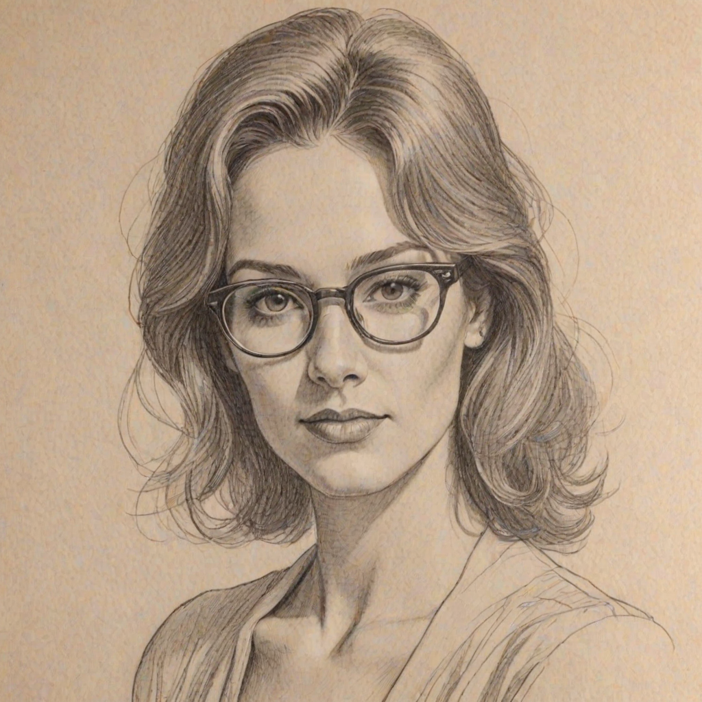Radiant Clea Lewis, pencil sketch, portrait of Wonderful woman 1974s in glasses, hair style beatnik, outline, clear lines, fine lines, 8k