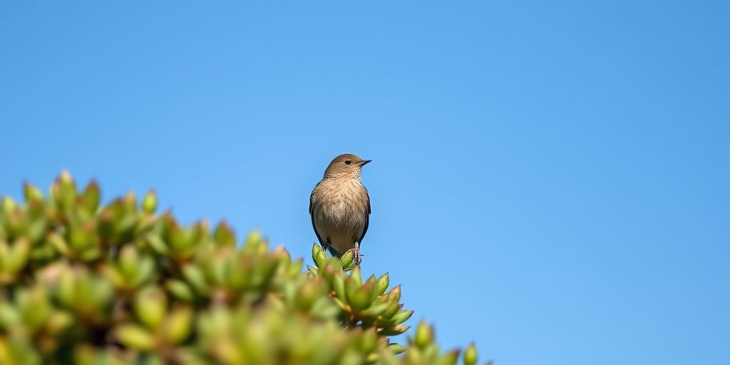 Capture a close-up of a bird perched on a bush against a clear blue sky, using a Canon EOS 5D Mark IV, 200mm lens, f/4 aperture, ISO 200, 1/500 sec shutter speed, shot from a low angle with a shallow depth of field for enhanced background blur.