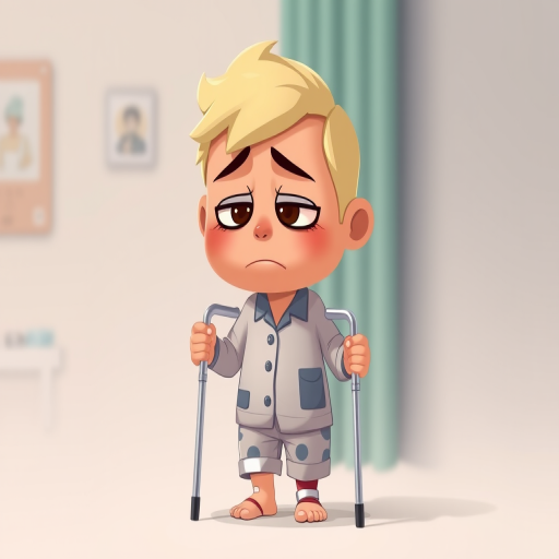 Create a cartoon-style illustration of a sad character in hospital pajamas with a leg in a cast and using crutches, shot with a DSLR camera at f/2.8 aperture, 50mm lens, and a shallow depth of field for enhanced focus on the character.