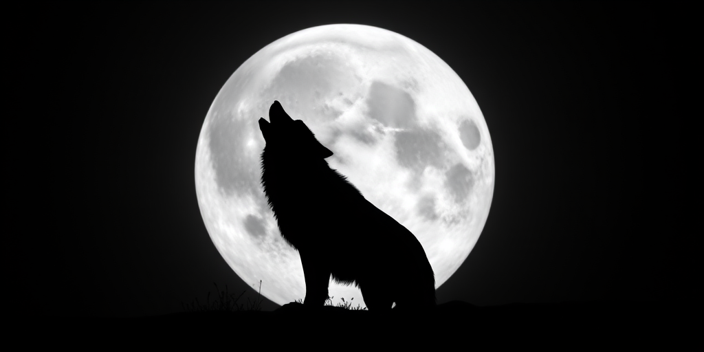 create a high-contrast silhouette of a howling wolf against a full moon background, use a DSLR camera with a 50mm lens, aperture f/2.8, shutter speed 1/125s, ISO 400, top-down view, black and white style, high dynamic range