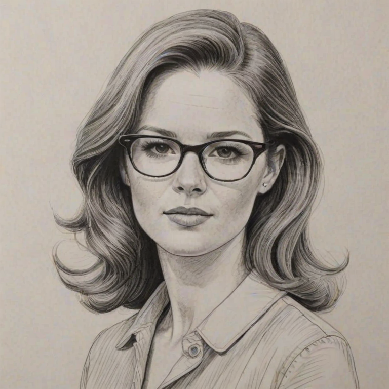 Captivating Sarah Drew, pencil sketch, portrait of Splendid woman 1964s in glasses, hair style beatnik, outline, clear lines, fine lines, 8k