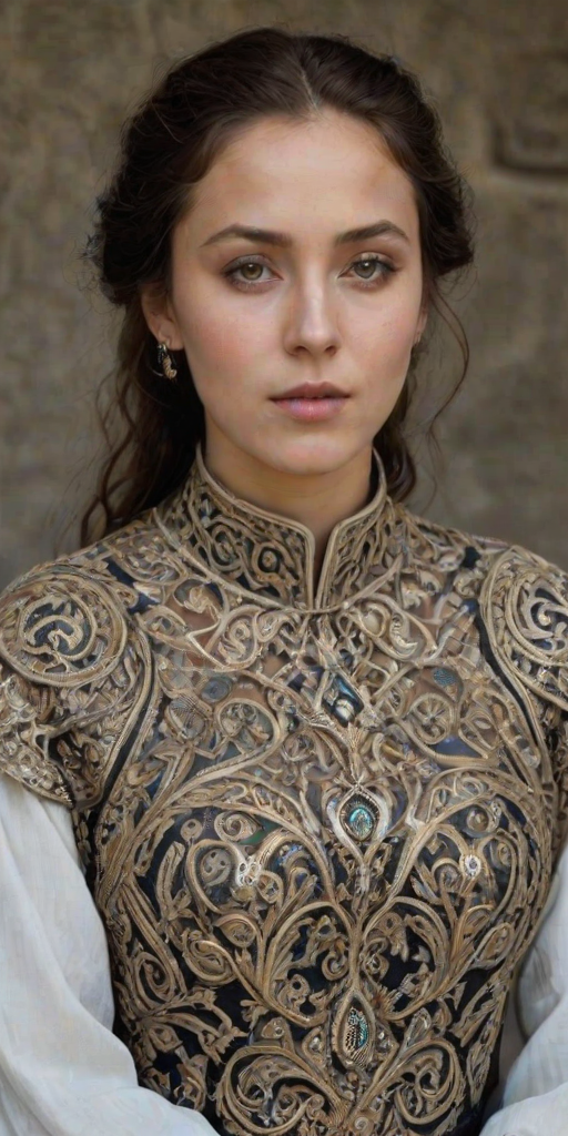 Face, shoulders, chest covered in openwork Circassian embroidery. Raw, unedited image.