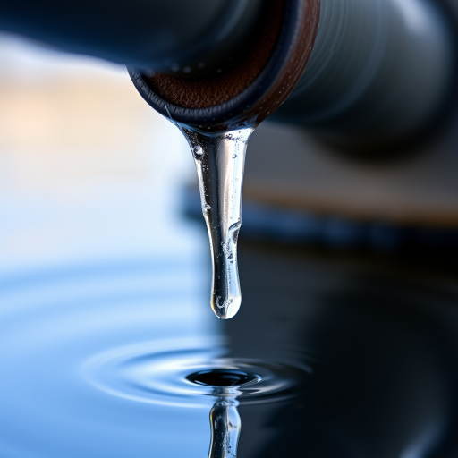 Close-up photograph of an icicle hanging from a metal pipe over still water with reflections, using a macro lens, f/2.8 aperture, 1/200 second shutter speed, ISO 100, natural light, DSLR camera.