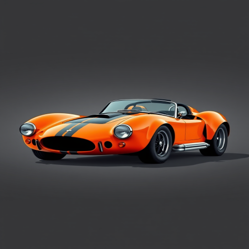 regenerate an illustration of a classic orange sports car with a black stripe, camera settings: aperture f/8, shutter speed 1/250, ISO 100, camera view: three-quarter view, camera style: high detail, camera type: digital SLR
