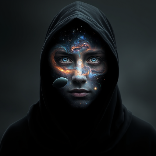 A mysterious hooded figure stands silently, the dark cloak flowing around them like shadows. Beneath the hood, their face is a mesmerizing cosmic scene where swirling galaxies, radiant stars, and vibrant planets form the features. Nebulas drift where eyes should be, glowing softly, while delicate streaks of cosmic energy trace the outlines of a nose and lips. Comets streak across the vastness of their face, and faint constellations pulse with life. The entire visage shifts and evolves as if the universe itself is contained within the figure, giving an ethereal, otherworldly presence to their form.