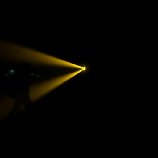 Create an image of a silhouette of a person walking with a flashlight, the beam of light is bright yellow, with a blurred background, shot in low light conditions using a DSLR camera with a 50mm lens, aperture set to f/1.8, ISO 800, and a shutter speed of 1/60 seconds.