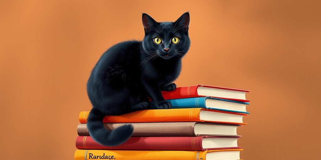 Create a vibrant illustration of a black cat sitting on a stack of colorful books with a warm brown background, shot with a DSLR camera at f/2.8, 50mm lens, natural lighting, and a shallow depth of field for a soft blur on the background.