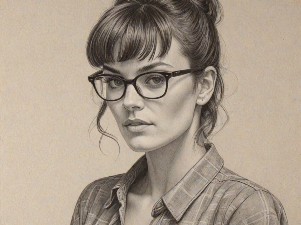 Resplendent Frankie Shaw, pencil sketch, portrait of Enchanting woman 1980s in glasses, hair style beatnik, outline, clear lines, fine lines, 8k