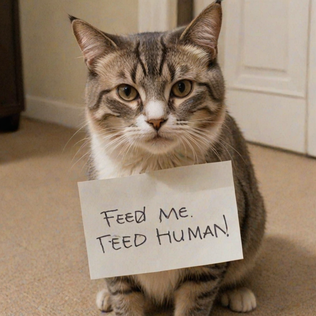 cat holding a note which says "FEED ME HUMAN"