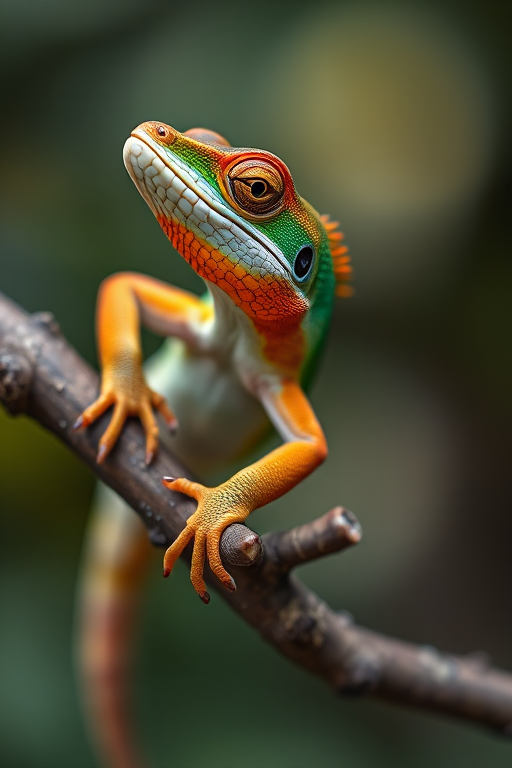 Lizard perched on a branch with vibrant colors, macro shot, aperture f/2.8, ISO 100, shutter speed 1/500 sec, soft natural lighting, DSLR camera.
