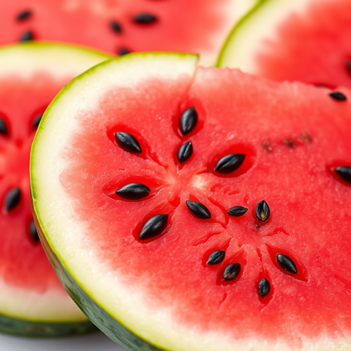 Create a high-resolution illustration of a sliced watermelon showing a vibrant red interior with black seeds, surrounded by a thick green rind, using a macro lens with a shallow depth of field for enhanced detail, in a flat lay composition with natural lighting for a fresh look, and using a digital illustration style.