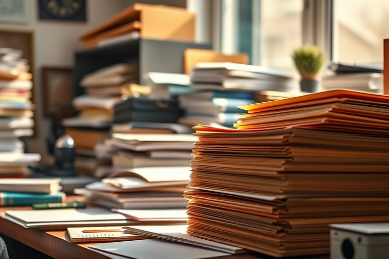 Create a high-resolution image of a cluttered desk with stacks of manila folders, warm sunlight streaming through a window casting soft shadows, using a DSLR camera with a 50mm lens at f/1.8, ISO 200, and a shutter speed of 1/100s, in a shallow depth of field to enhance the focus on the folders while softly blurring the background.