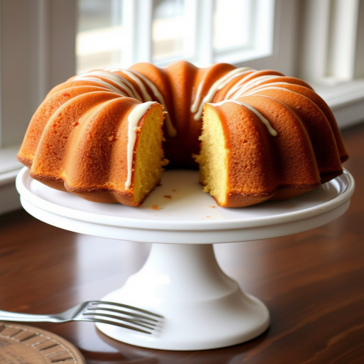 A beautifully baked bundt cake with a golden brown exterior and a moist interior displayed on a white cake stand with a drizzle of icing on top and a fork beside it, set against a bright window background.
