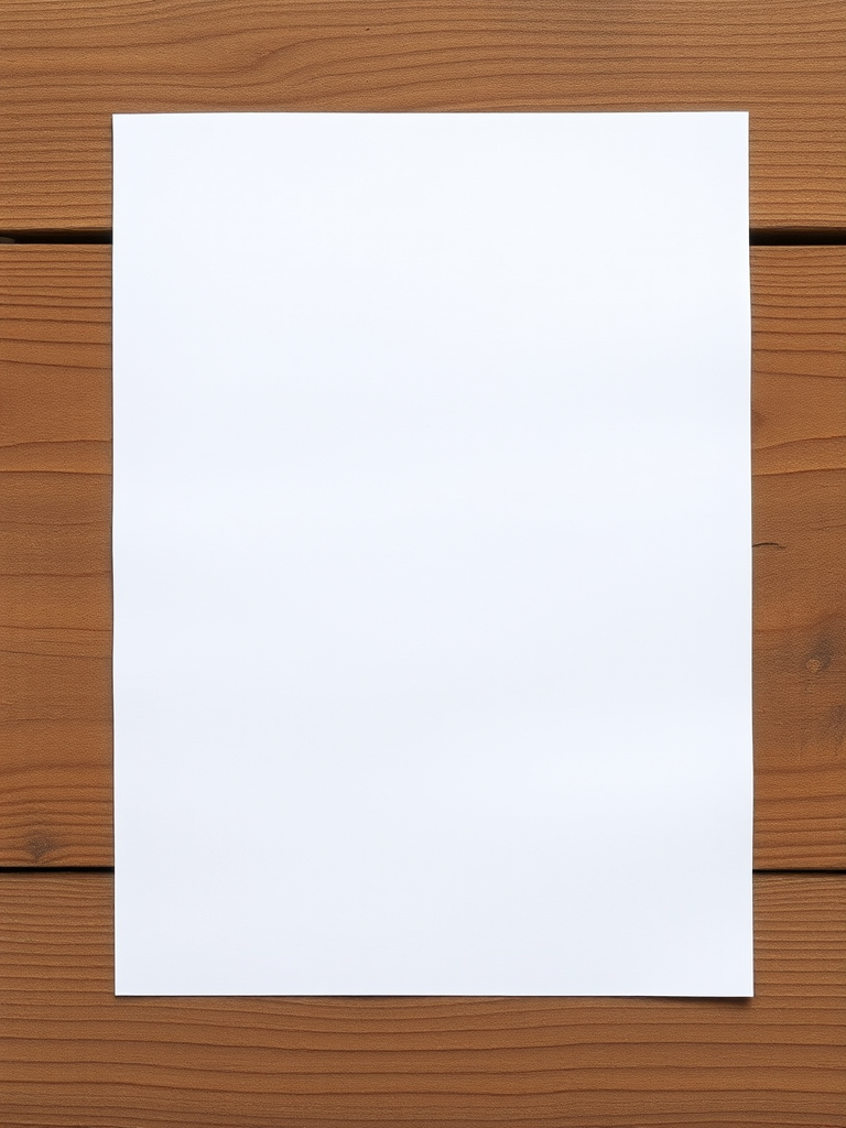 A clean, blank sheet of paper on a wooden surface, captured with a Canon EOS R5, 50mm lens, f/1.8 aperture, ISO 100, natural lighting, top-down view to emphasize texture and color contrast.