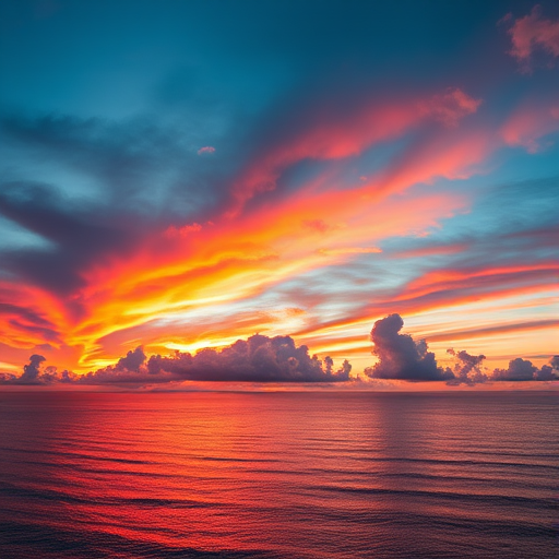 Create a high-resolution image of a vibrant sunset over a calm ocean scene with rich colors and dramatic clouds, taken with a Canon EOS R5, 24mm f/1.4 lens, ISO 100, aperture f/8, shutter speed 1/200 sec, in landscape orientation.