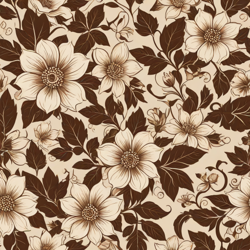 Create a seamless floral pattern featuring large brown and beige flowers with intricate designs, accompanied by smaller flowers and gentle vines on a light beige background.