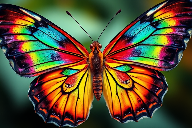 Generate a vibrant, multicolored butterfly design with intricate wing patterns in a high-resolution format, using a macro lens at f/2.8, ISO 100, and 1/250 sec shutter speed, shot from a frontal view with a soft focus background.