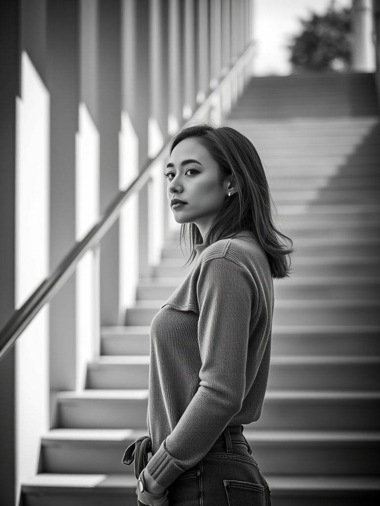 portrait of a woman standing on steps in black and white, focusing on her profile with soft natural lighting, aperture f/2.8, shutter speed 1/250s, ISO 100, shot from a low angle using a DSLR camera with a prime lens