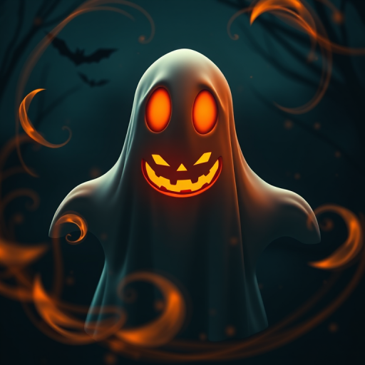 generate a high-resolution image of a spooky ghost with glowing orange eyes and a jack-o'-lantern smile, surrounded by swirling orange and yellow wisps and bats in a dark night background, using a DSLR camera with a 50mm lens at f/1.8, ISO 100, and a shutter speed of 1/60 seconds, shot from a low angle to enhance detail and depth