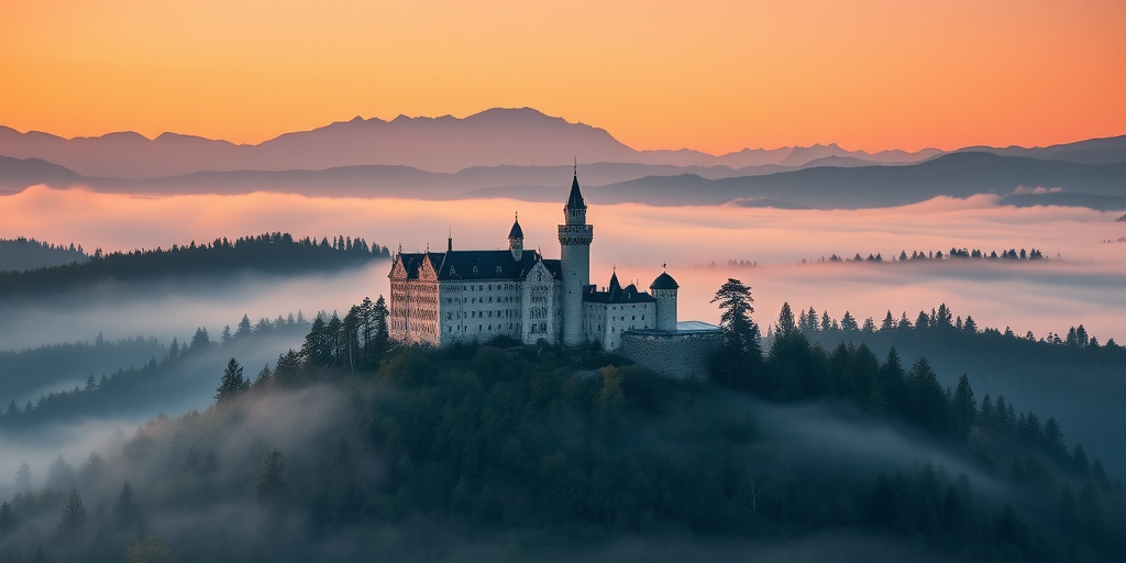 regenerate a misty landscape featuring a castle on a hill surrounded by dense trees and mountains in the background at sunrise, using a Canon EOS R5, f/8 aperture, ISO 100, 24mm focal length, shot from a high dynamic range viewpoint for enhanced color and detail