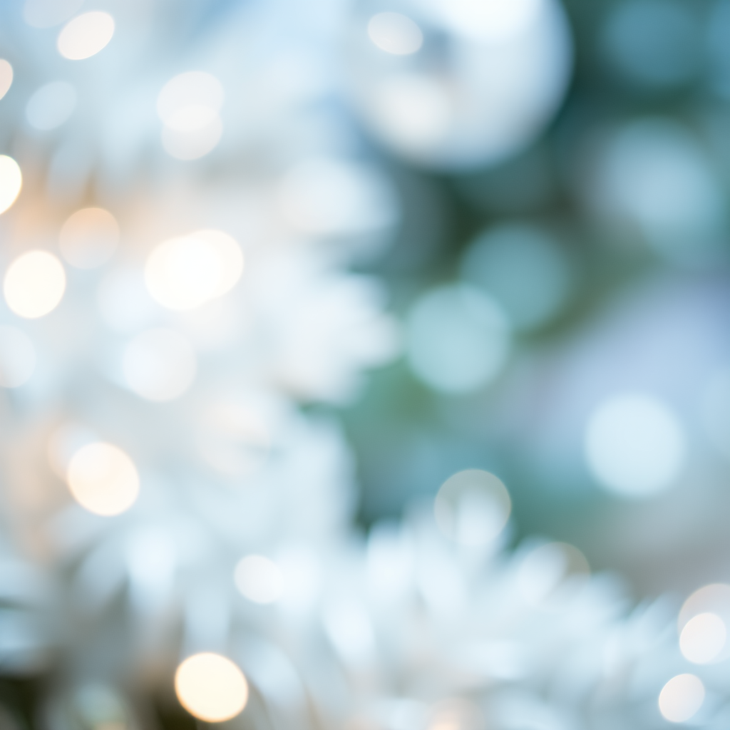 Generate an abstract image featuring soft, shimmering lights and blurred textures resembling festive decorations. Include elements that suggest a holiday atmosphere, with a focus on silver and white tones. Emphasize bokeh effects and a dreamy quality.