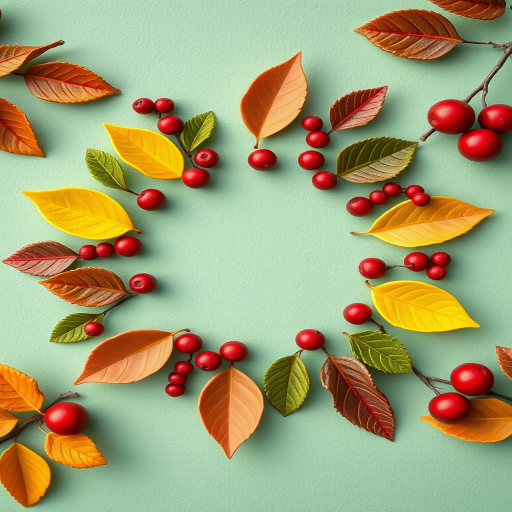 Create a vibrant circular pattern featuring stylized leaves and berries on a textured mint green background, captured with a Canon EOS R5, 50mm lens, f/2.8 aperture, ISO 100, in natural light, using a macro photography style for enhanced detail and clarity.